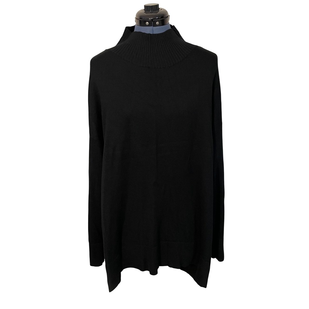 Eileen Fisher Black Extra Fine Merino Wool Mock Neck Hii Lo Oversized Sweater Xl View 2